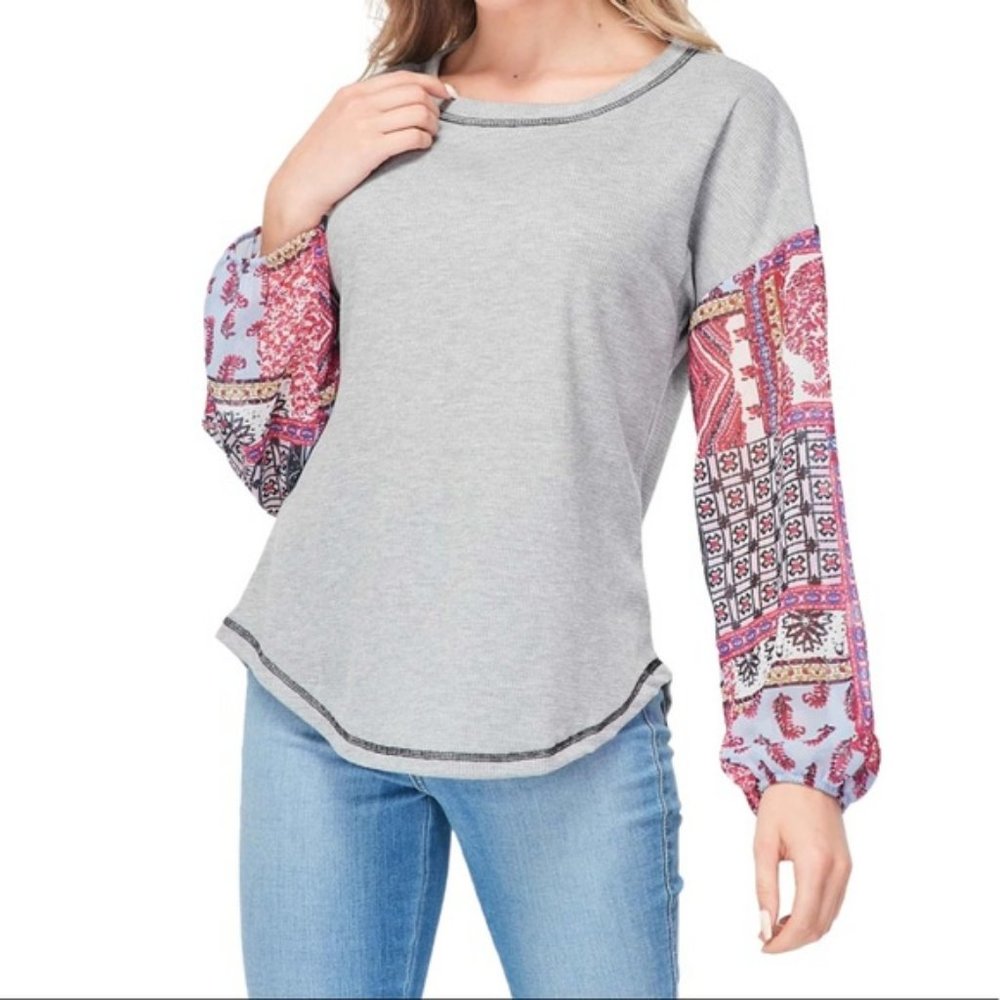 Baea Longsleeve Top Gray Thermal Waffle Sheer‎ Boho Sheer Sleeve Large